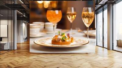 Luxury food service, appetisers and desserts served at a restaurant or formal dinner event in classic English style in the luxurious hotel or country estate, generative ai Wall mural