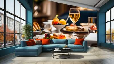 Luxury food service, appetisers and desserts served at a restaurant or formal dinner event in classic English style in the luxurious hotel or country estate, generative ai Wall mural