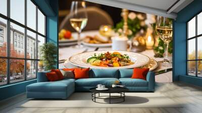 Luxury food service, main course served at a restaurant or formal dinner event in classic English style in the luxurious hotel or country estate, post-processed, generative ai Wall mural