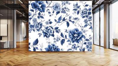 Seamless floral pattern, tileable blue and white country style print with flowers for wallpaper, wrapping paper, scrapbook, fabric and product design, generative ai Wall mural