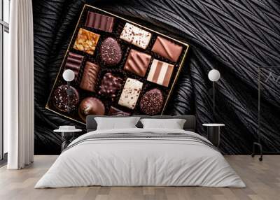 Swiss chocolates in gift box, various luxury pralines made of dark and milk organic chocolate in chocolaterie in Switzerland, sweet dessert food as holiday present and premium confectionery brand. Wall mural