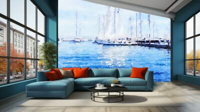 Watercolour Art Print, Yachts in the Blue Sea in Summer Wall mural