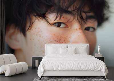 Dreamy portrait of a beautiful young japanese teenage man with freckles Wall mural