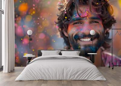 Holi Festival Of Colours. Young Indian man with a joyful expression covered with colorful Holi powder and smiling brightly. Powder paint in in Goa Kerala Wall mural