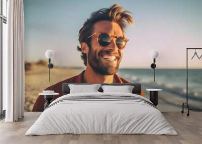 Portrait of a happy laughing young brown haired man wearing sunglasses on beach  smiling laughing on summer holiday vacation travel lifestyle freedom fun. Generative AI Wall mural