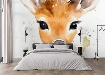 Watercolor cute deer with big eyes. Vector Illustration of woodland animal. Nursery Art. Wall art. Isolated on white background. Generative AI Wall mural