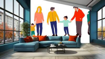 Big collection of deferent type of famyleis. Singl mother, father, traditional family, gay and lesbian couple, multiracies family with infant babies, toddler son and daughter. Flat vector illustration Wall mural