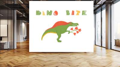 Cute cartoon dinosaur with quote Dino Bite. Flat childish dino with lettering. Perfect for greeting card, sublimation printing on t shirt, mug, poster Wall mural