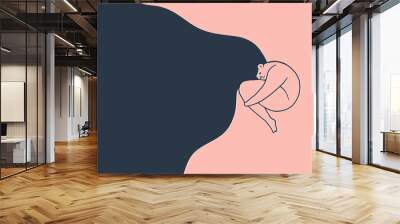 Depressed woman with flying hair is hugging her self. Young sad teenage girl with obesity hugging her knees and falling down into depression. Mental health problem concept. Vector iluustration Wall mural