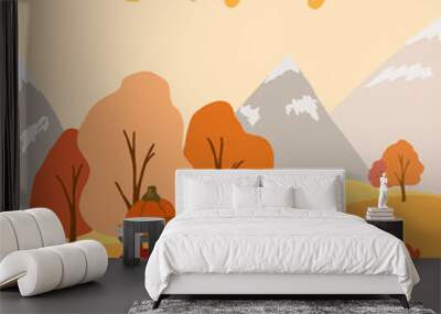 Flat Autumn landscape. Vector countryside illustratiom with woods, herbs, road and red cute car with pumpkin. Thanksgiving holiday card Wall mural