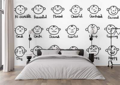 Hand drawn ink emojis faces. Vector doodle emoticons sketch, ink brush icons of happy sad funny face, design template illustration for emotional intelligence with hand written captions. Wall mural