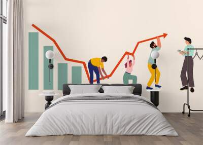 Illustration of global economic impacts, recession, economy graph chart down. Bankrupt concept. People trying to keep downward financial trend arrow risk crisis, money lost business vector. Wall mural