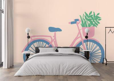 Vector hand drawn city bike in flat style. Bicycle with step-through pink frame and front wicker basket and flowers, herbs in it. Wall mural