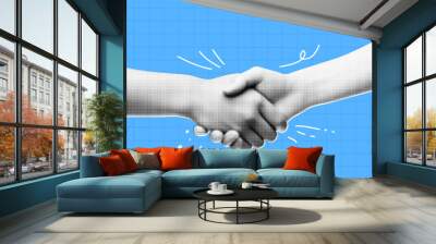 A collage banner with a handshake theme. Womens hands make a deal. Handling halftone effect with doodles on blue checkered background with hand drawn texture. Vector trendy illustration. Wall mural