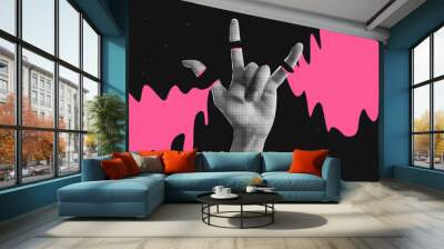 Collage banner with halftone effect hand with gesture Rock. Ripped off fingers and sweat. Textured background with abstract space and stars. Psychedelic poster. New Wave. Punk Wall mural