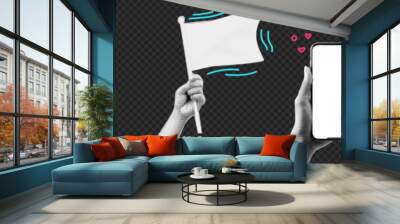 Collage element with hands and cutout shape and doodle element. Vintage vector set. Retro halftone effect. Hand gestures with the camera and the flag. Pack for advertising. Wall mural