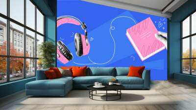 Collage graphic design banner with headphones and hands with books. Ebooks and online library background. Education concept. Popart trendy illustration with halftone elements. Dada zine. Wall mural