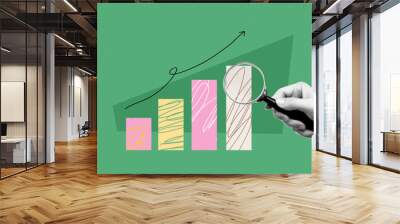 Geometric abstract bg with halftone collage elements. Hand hold magnifying glass with up chart. Green and pink. Vibrant banner. Vector illustration in bright and bold trendy popart style. Wall mural