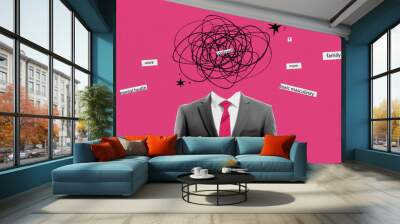 Retro concept collage with depression businessman in suit on halftone effect style. Pop art with doodle elements. Paper pink background for design. Vector illustration Wall mural