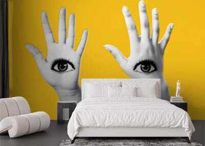 Two hands with an eye on them. Isolated element for collage on purple background. Psychedelic pop art style. Vector trendy illustration. Wall mural