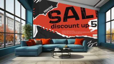 Vector collage grunge banner. Loudspeaker announcing crazy promotions. Doodle elements on retro poster. Stylish modern advertising poster design with red and black and white elements Wall mural