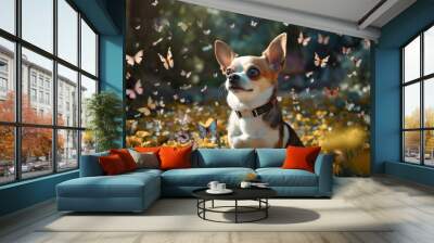 Generative AI image of a chihuahua puppy surrounded by butterflies Wall mural