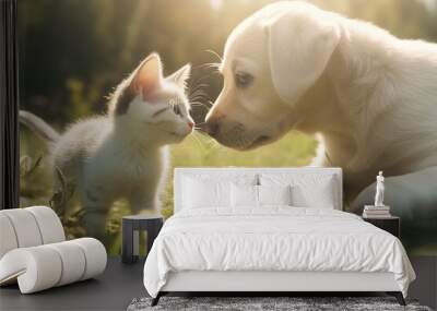 Generative AI image of a cute puppy and kitten in a field. Wall mural