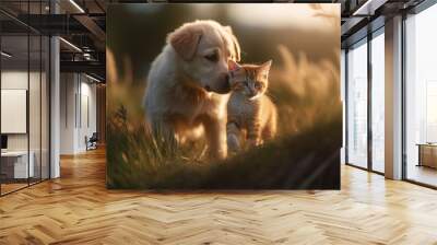 Generative AI image of a cute puppy and kitten in a field. Wall mural