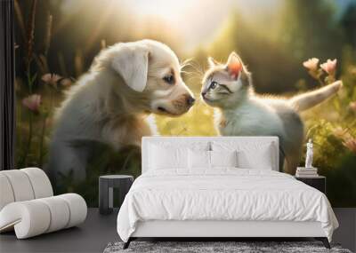 Generative AI image of a cute puppy and kitten in a field Wall mural