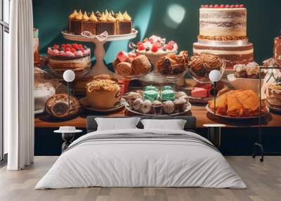 Generative AI image of a table full of cakes and pastries Wall mural