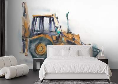 yellow tractor excavator painted in watercolor Wall mural