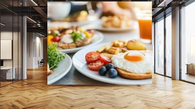 Sunlit cafe with people enjoying breakfast, Monday morning, relaxing and social Wall mural