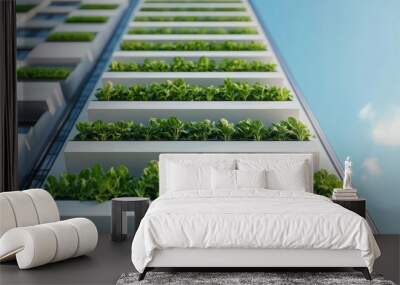 Vertical farming skyscrapers in an urban setting, representing sustainable agriculture, selective focus on foreground, copy space for text, ultra HD, Wall mural