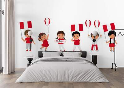 children holding Peru flags. Vector illustration. Modern design template Wall mural