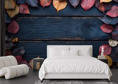 autumn leaves on wooden background Wall mural