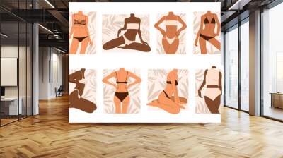 Female body in a swimsuit with tropical leaves set. Woman figure collection. Tanning girls in swimsuits in different poses. Summer vibes aesthetic. Vector illustration in cartoon style. Isolated white Wall mural