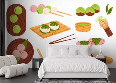 Set of different mochi: sakura, warabi mochi, dango, daifuku. Traditional Japanese sweet dessert. Asian rice cake. Healthy, organic sweets. Isolated vector illustration in cartoon style Wall mural