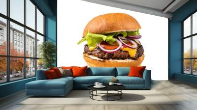 Tasty homemade burger consisting of bun, cheese, salad, red onion and tomato Wall mural