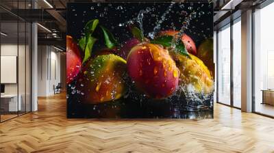 A bunch of ripe mangos, with water droplets, falling into a deep black water tank Wall mural