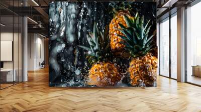 A bunch of ripe pineapples, with water droplets, falling into a deep black water tank Wall mural