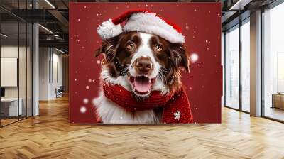 Christmas with happy dog wearing Santa hat, Dog dressed up for Christmas, red background Wall mural