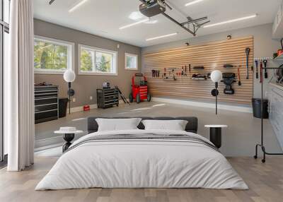 garage with slat walls, natural light, tools organization and potlights Wall mural