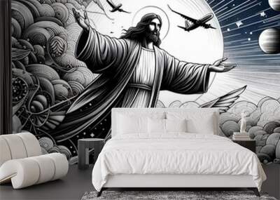 Jesus Christ Ascended into Heaven Surrounded by Angels and Birds Wall mural