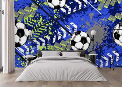 Abstract seamless football pattern. Grunge geometric textured print for sport textile, boy clothes, wrapping paper. Soccer ball and arrows repeats print. Wall mural