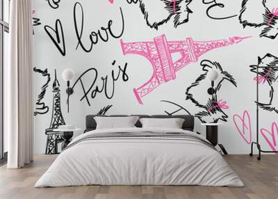 Fashion seamless pattern. Love Paris. pattern with original calligraphic fonts, sketch Eiffel Tower and scottish terriers. for fashion clothes, t shirt, child, wrapping paper. Creative girlish design Wall mural