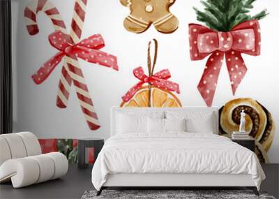 Festive Christmas set watercolor illustration with christmas elements Wall mural