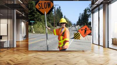 construction worker with stop sign on road Wall mural