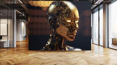 Golden humanoid AI Cyber person, thinking with a neural network. Gold robot woman.. Artificial intelligence with a digital brain processing big data. Created with generative ai Wall mural