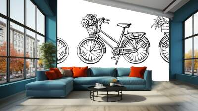 Set of three black and white hand drawn illustration of bicycle  Wall mural