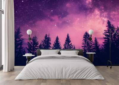 Aesthetic gradient cosmic violet and pink starry sky with silhouette forest trees landscape phone hd wallpaper Wall mural